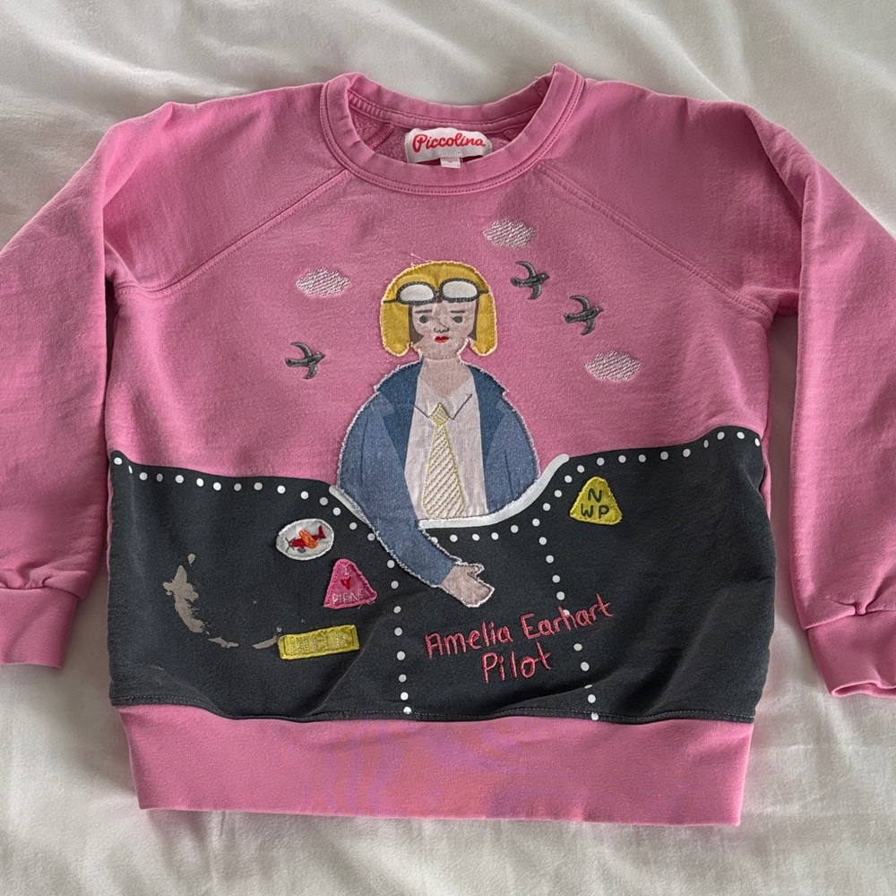 Piccolina Amelia Earhart Crewneck Embroidered Pink Sweatshirt Kids Size 6